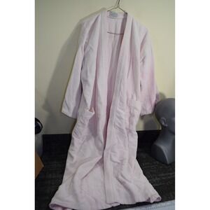 1980s Yves Delorme Paris France Pink Cotton Terry Cloth Bath Robe Floral L FLAWS